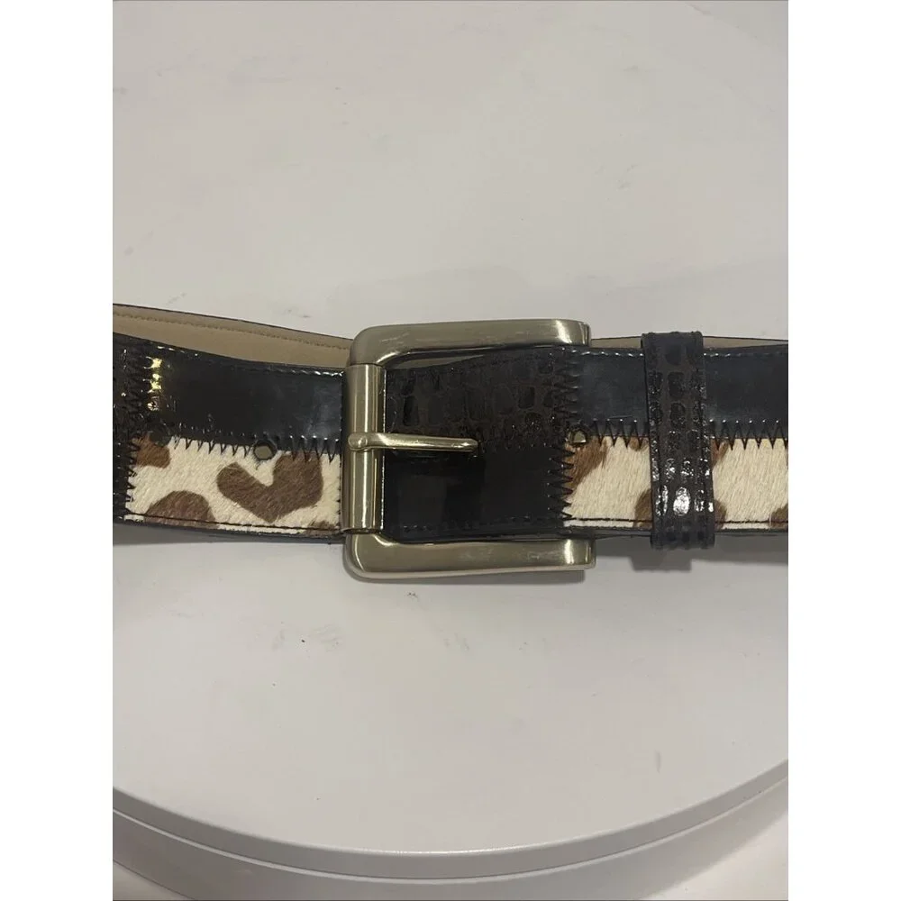 NINE WEST LEATHER PATCHWORK BROWN BELT WOMEN COWHIDE GOLD BUCKLE‎ SMALL PELLING